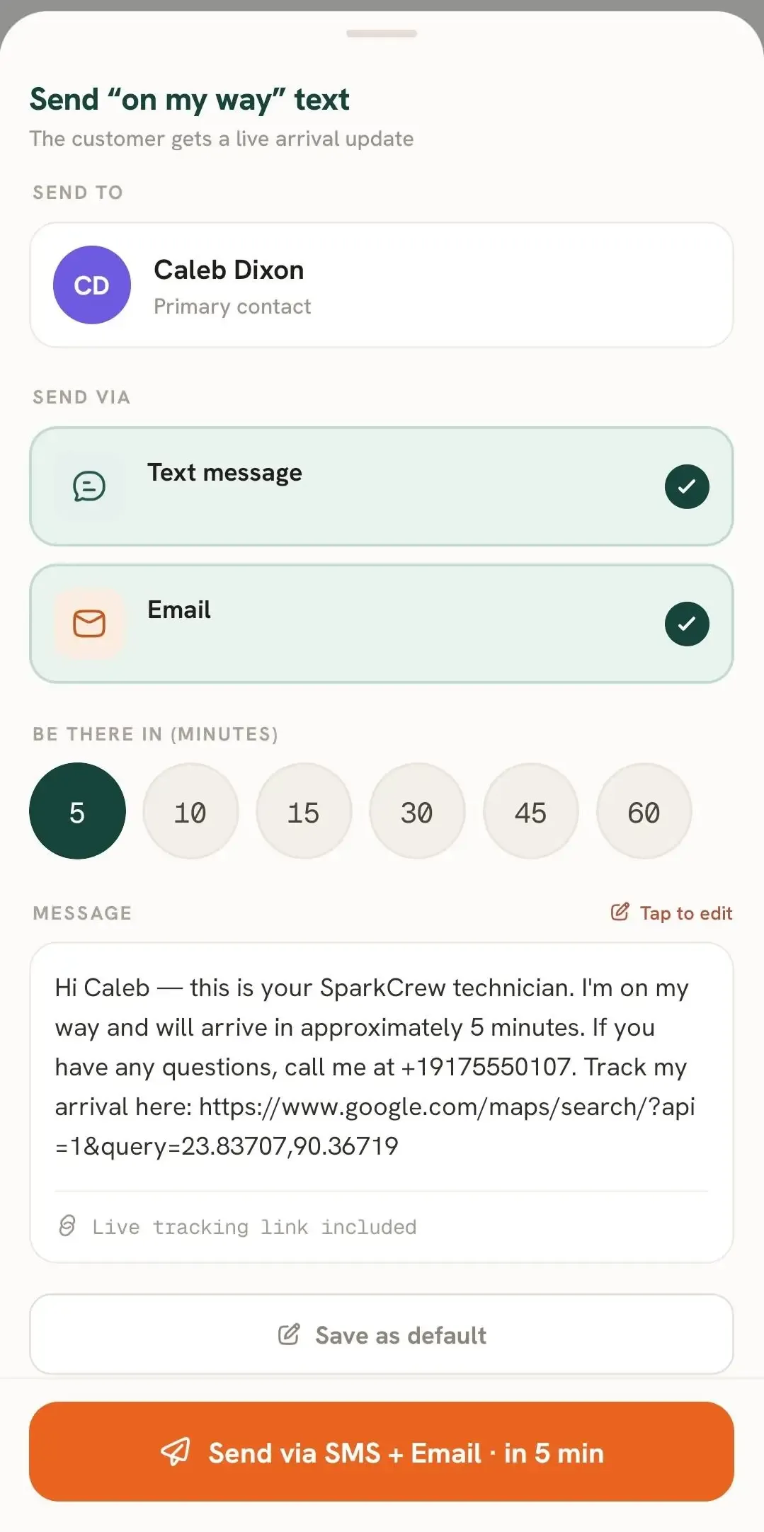 FieldTask Mobile App On My Way message delivery setup