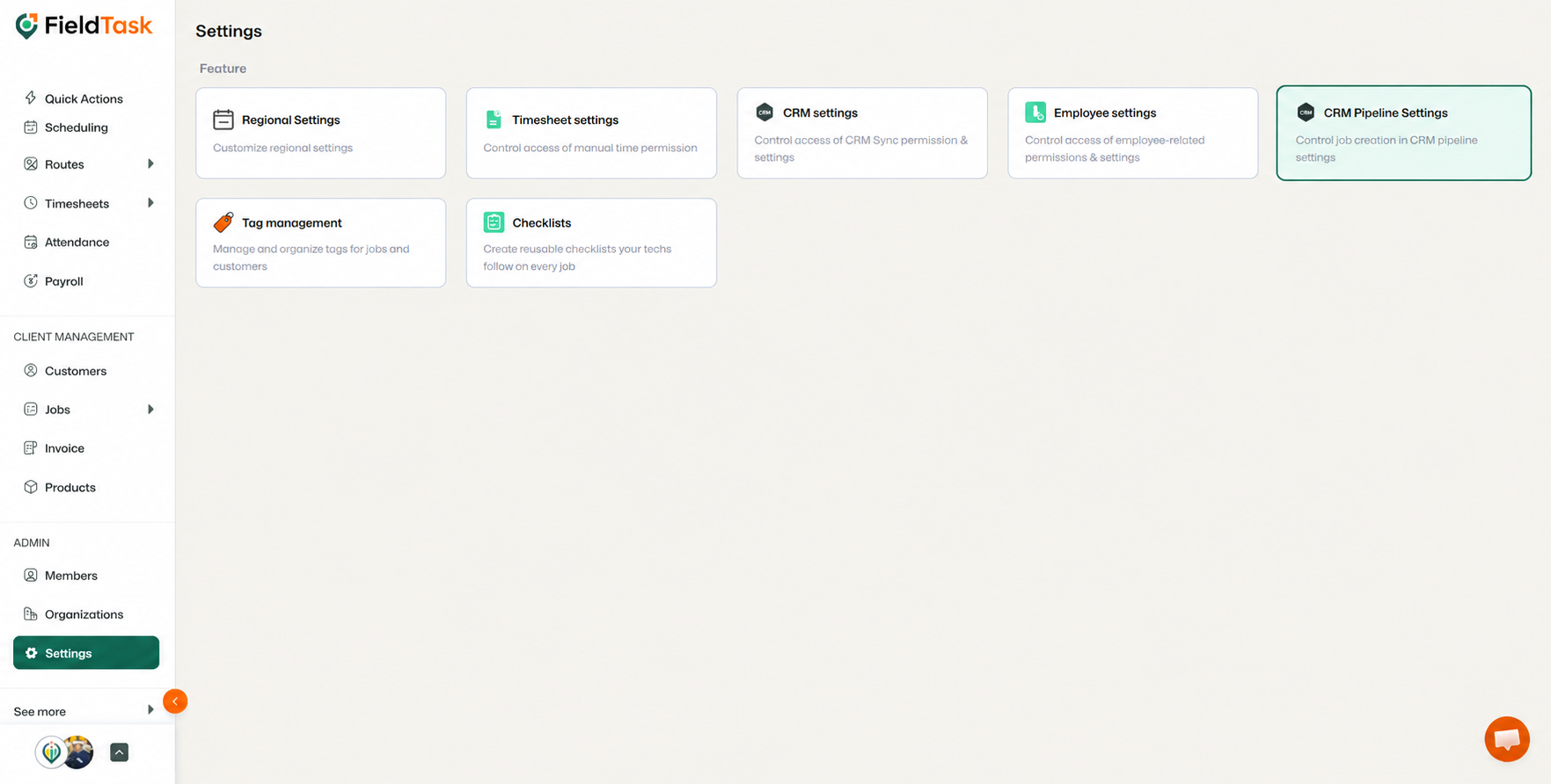 Settings page with CRM Pipeline Settings card highlighted and selected