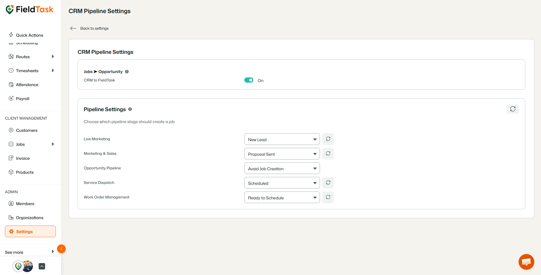 CRM Pipeline Settings page showing job creation pipeline options.