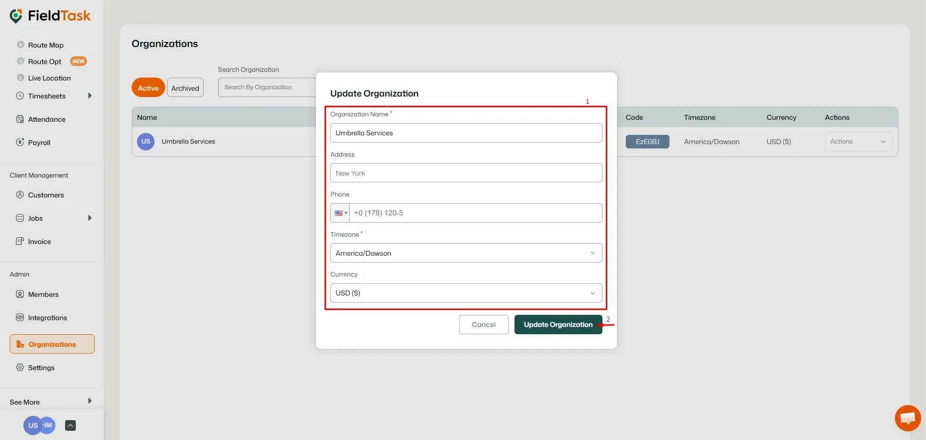FieldTask Organization Edit Page