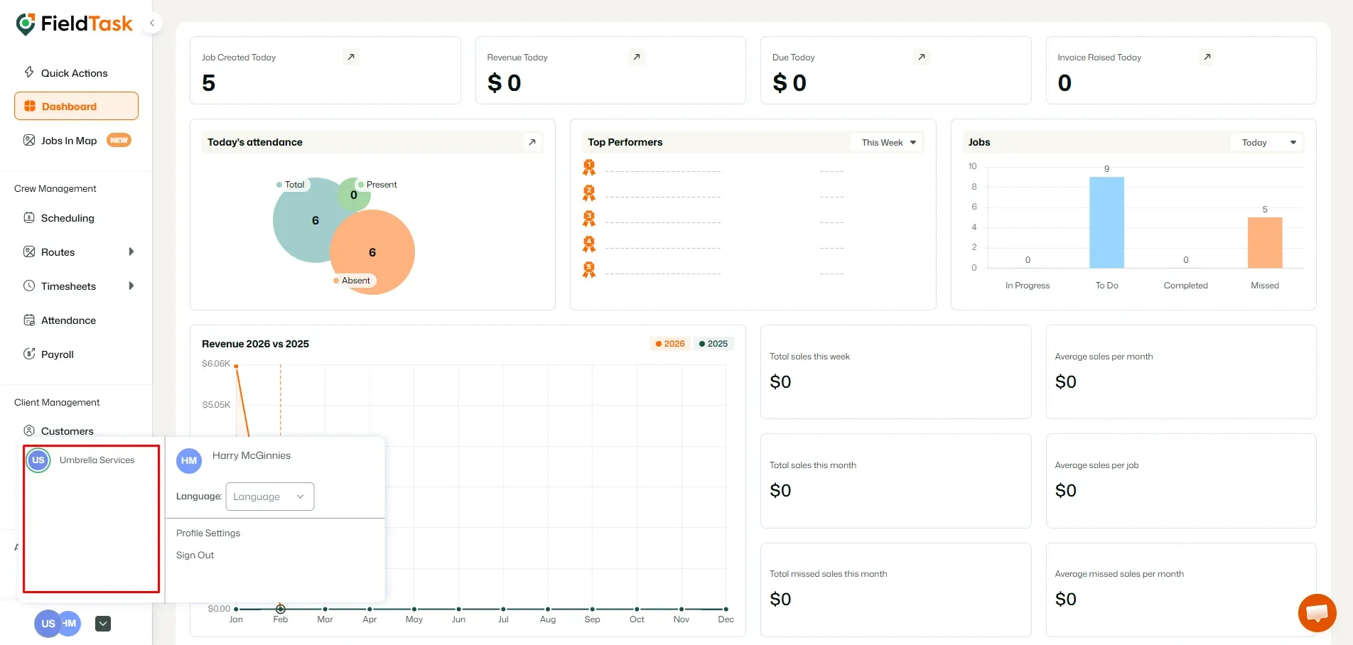 FieldTask dashboard with organization switch panel open