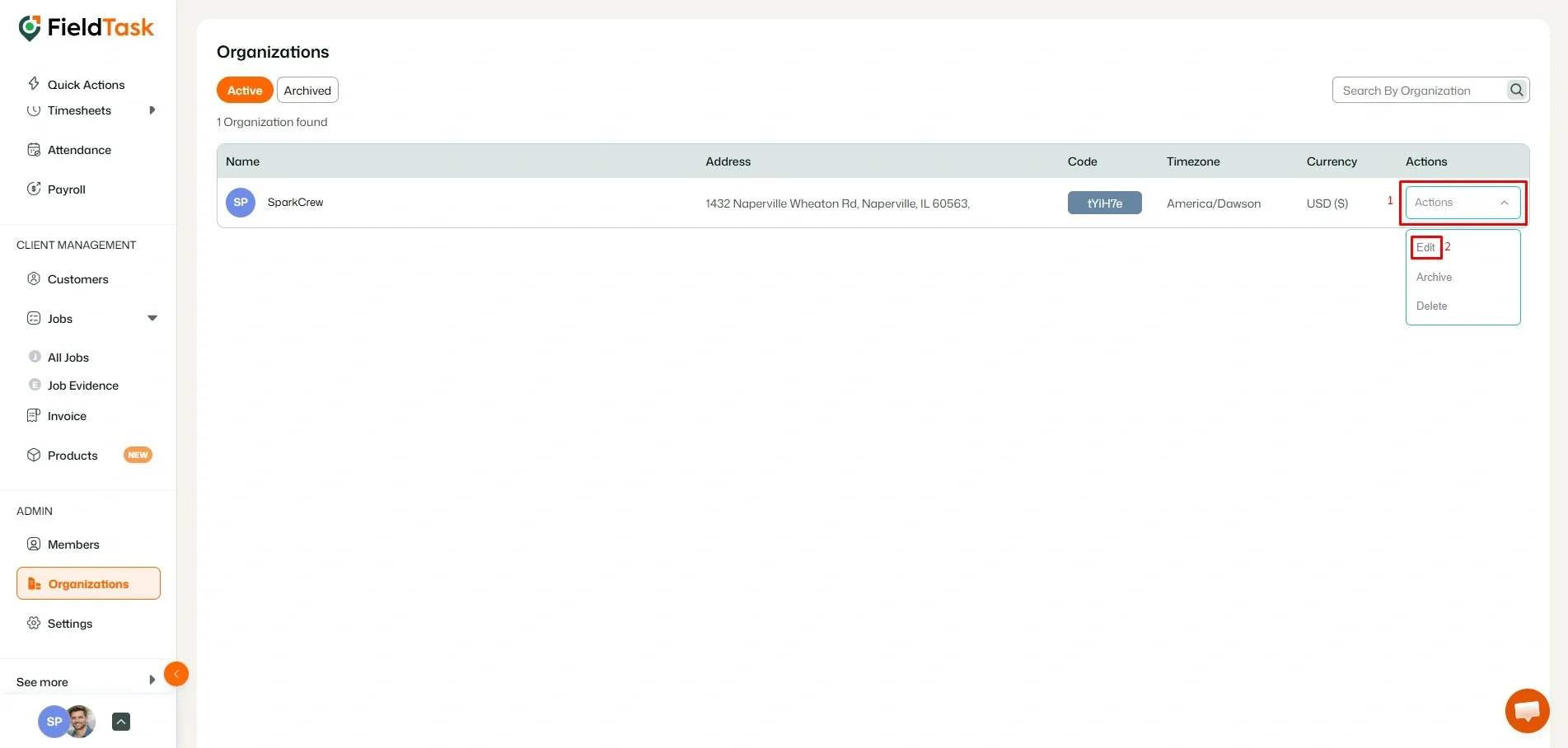 FieldTask Update Organization modal with editable details