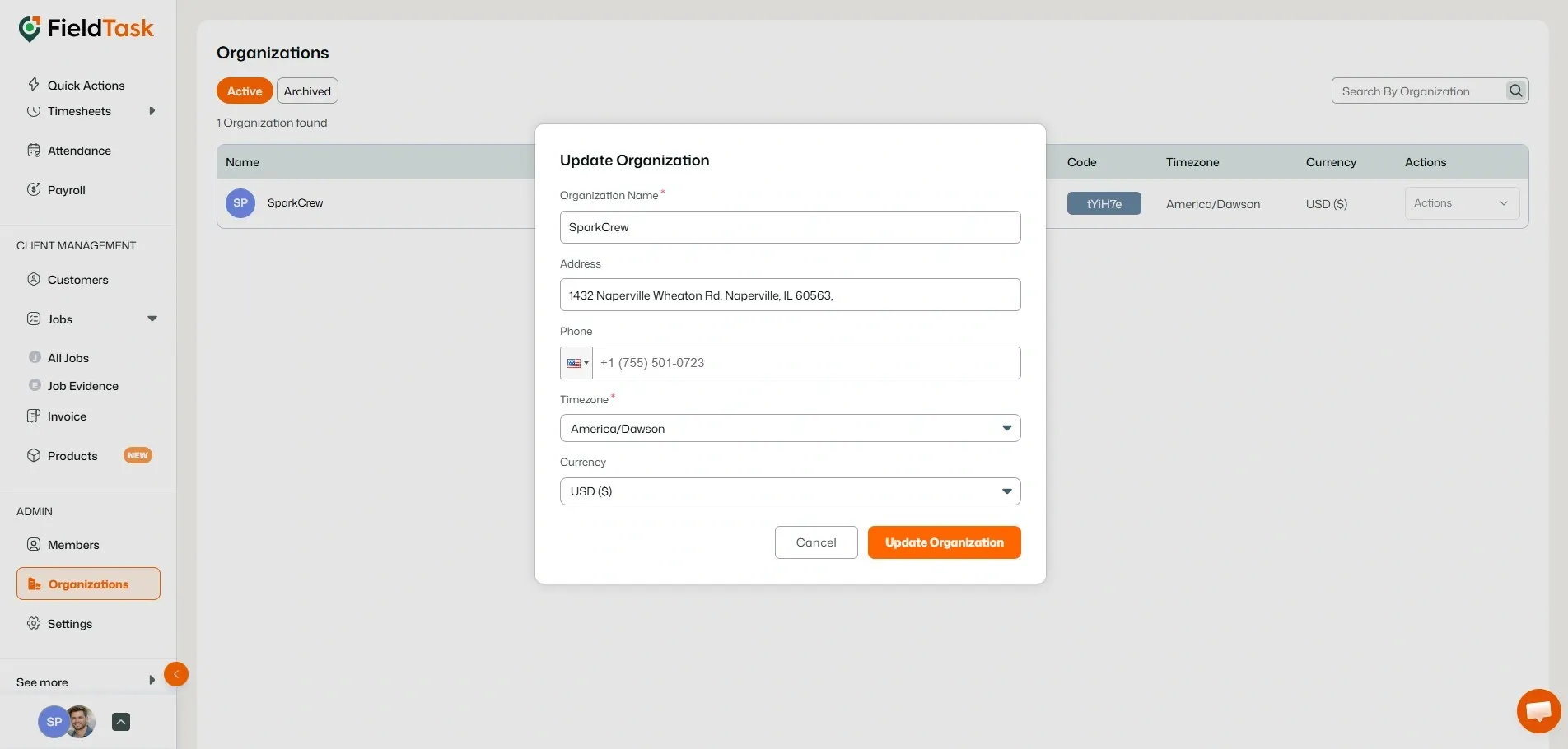 FieldTask Update Organization modal with editable details
