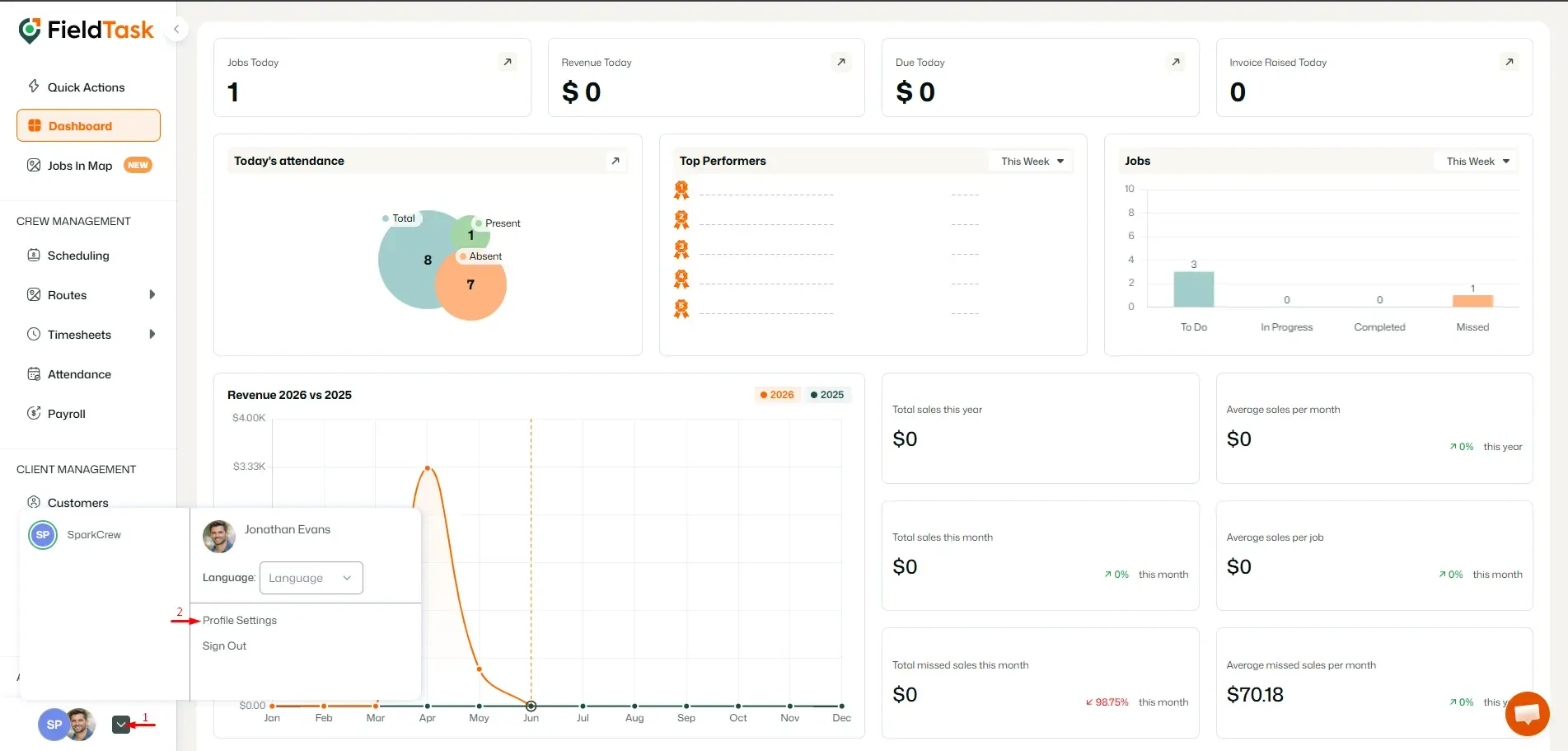 FieldTask dashboard profile menu with settings highlighted