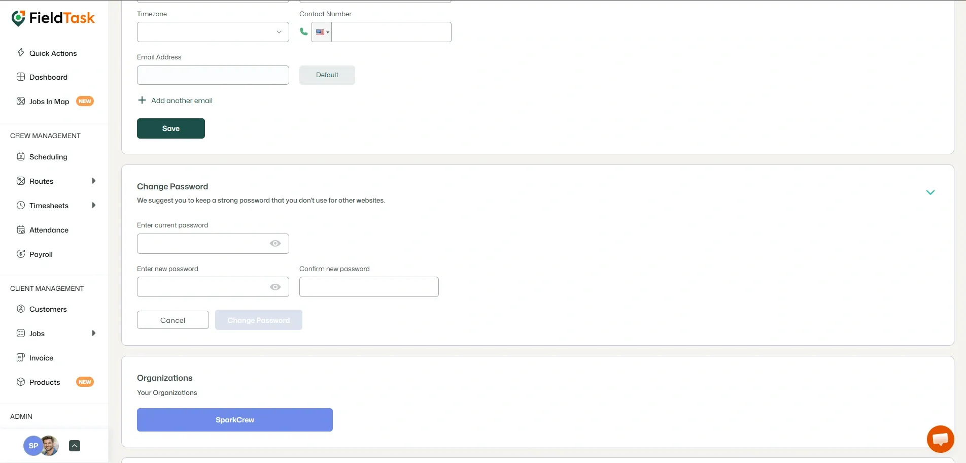 FieldTask profile page with password change form open
