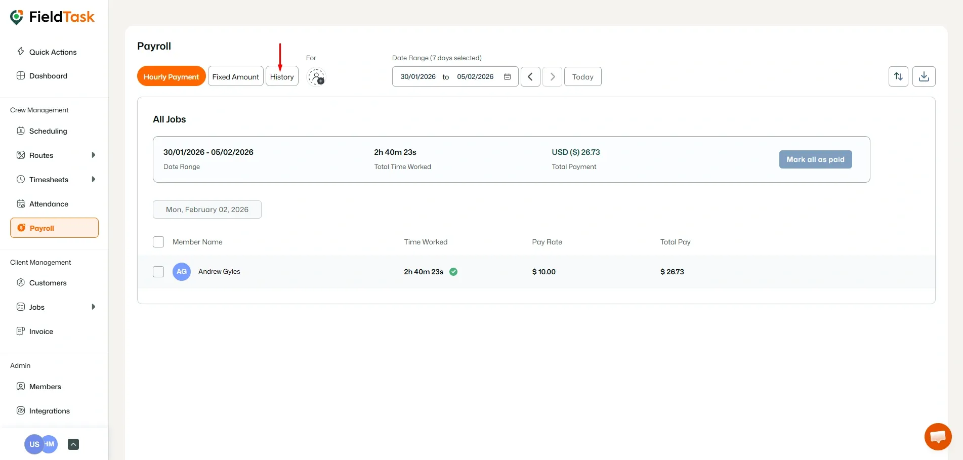 FieldTask Payroll Page