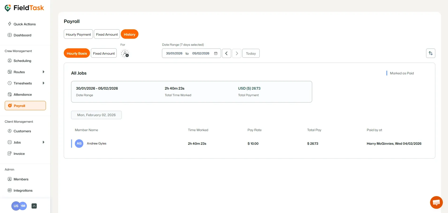 FieldTask Payroll History Page