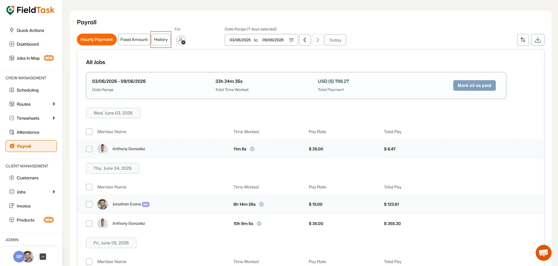 FieldTask payroll page with History tab highlighted
