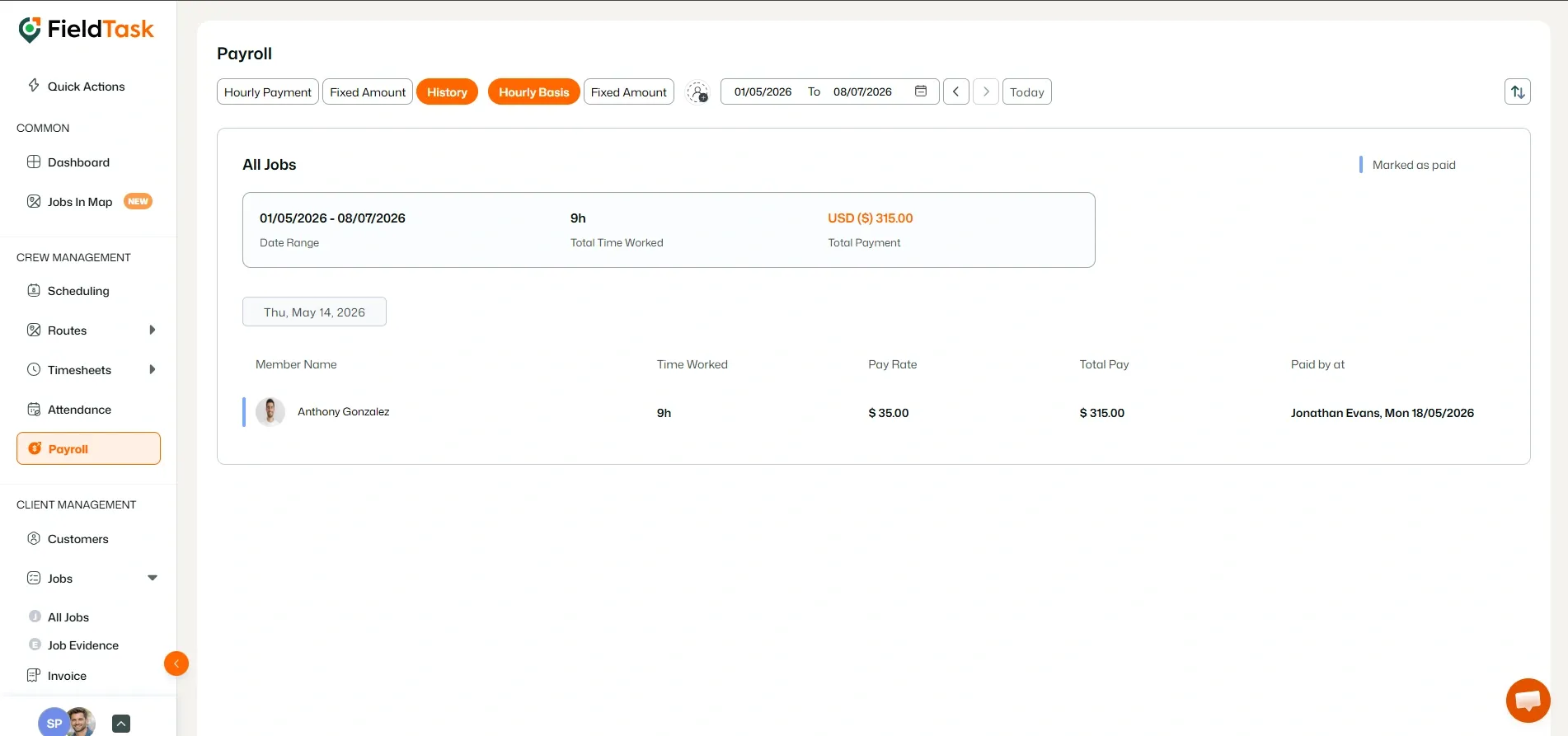 FieldTask payroll history page showing paid hourly payment record with total worked time, total payment, and paid-by details.