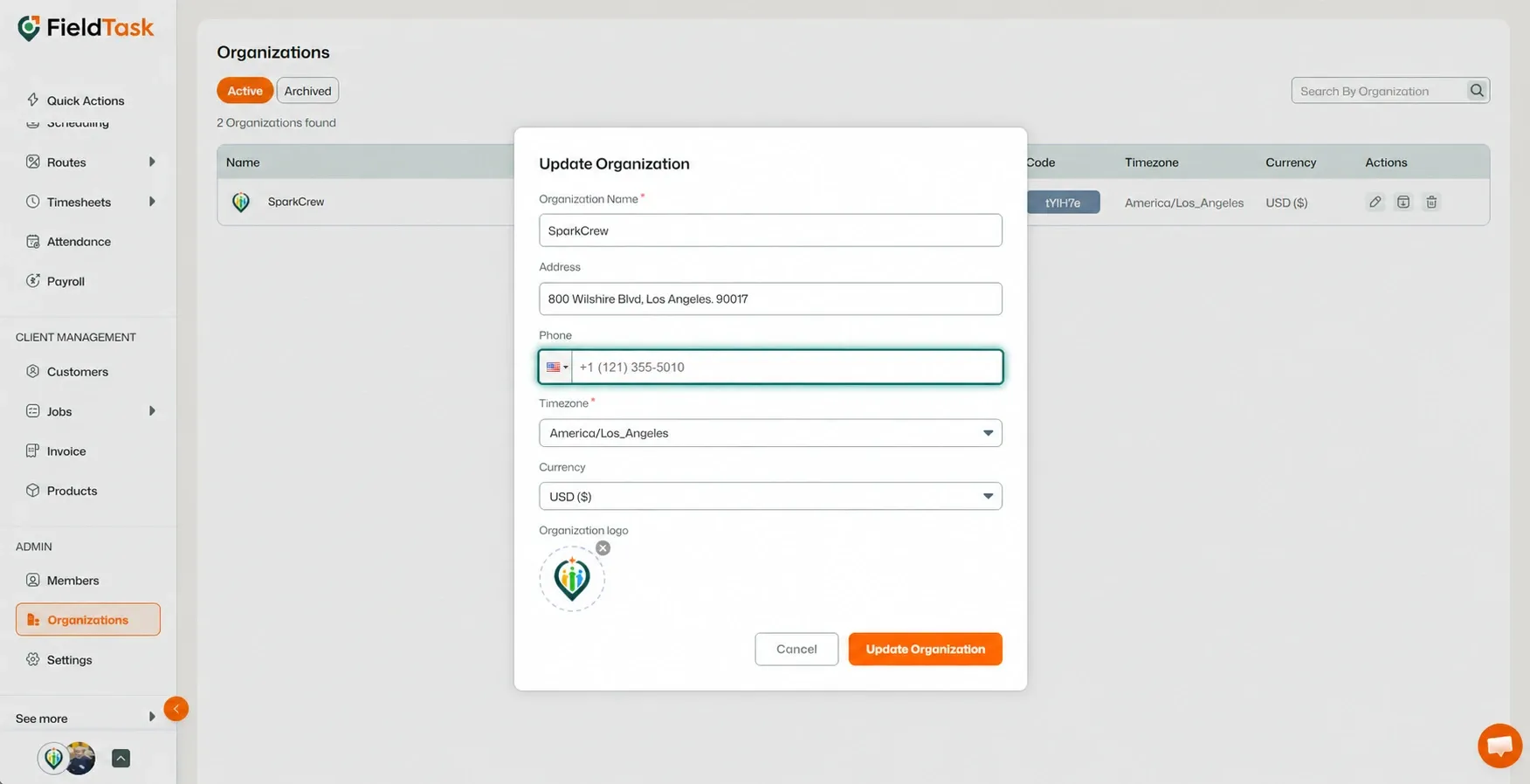Update Organization modal with phone number field highlighted