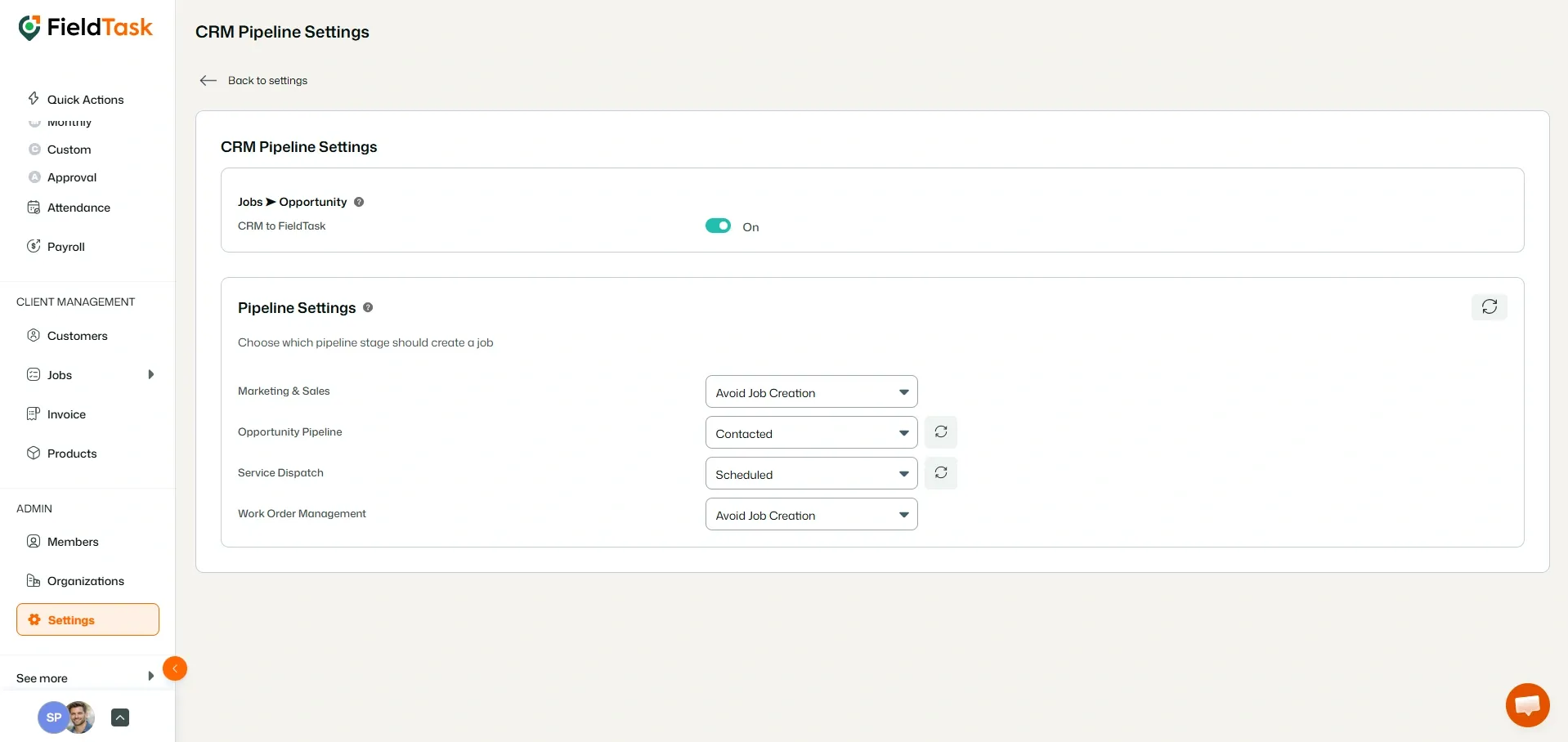 Settings page highlighting CRM Pipeline Settings option.