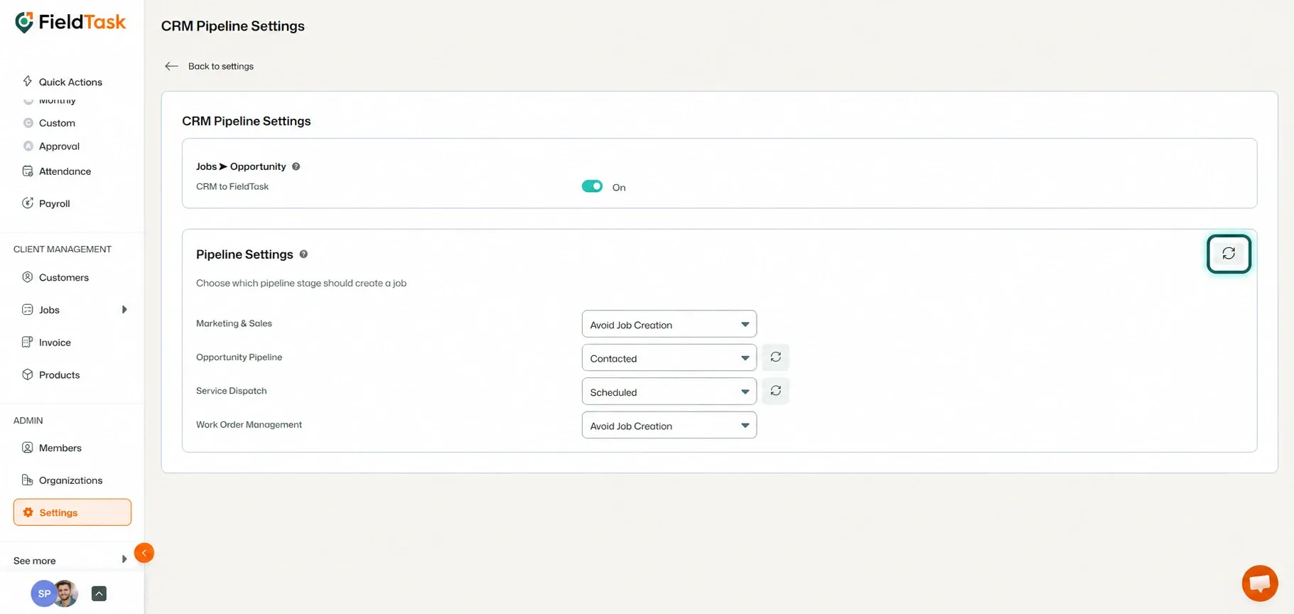 CRM Pipeline Settings with job creation stage mappings.