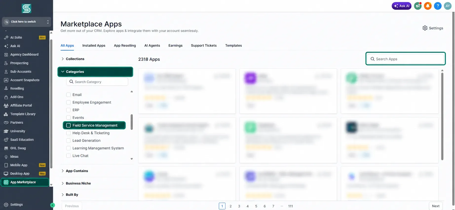 Marketplace filters highlighted; all app card details are blurred