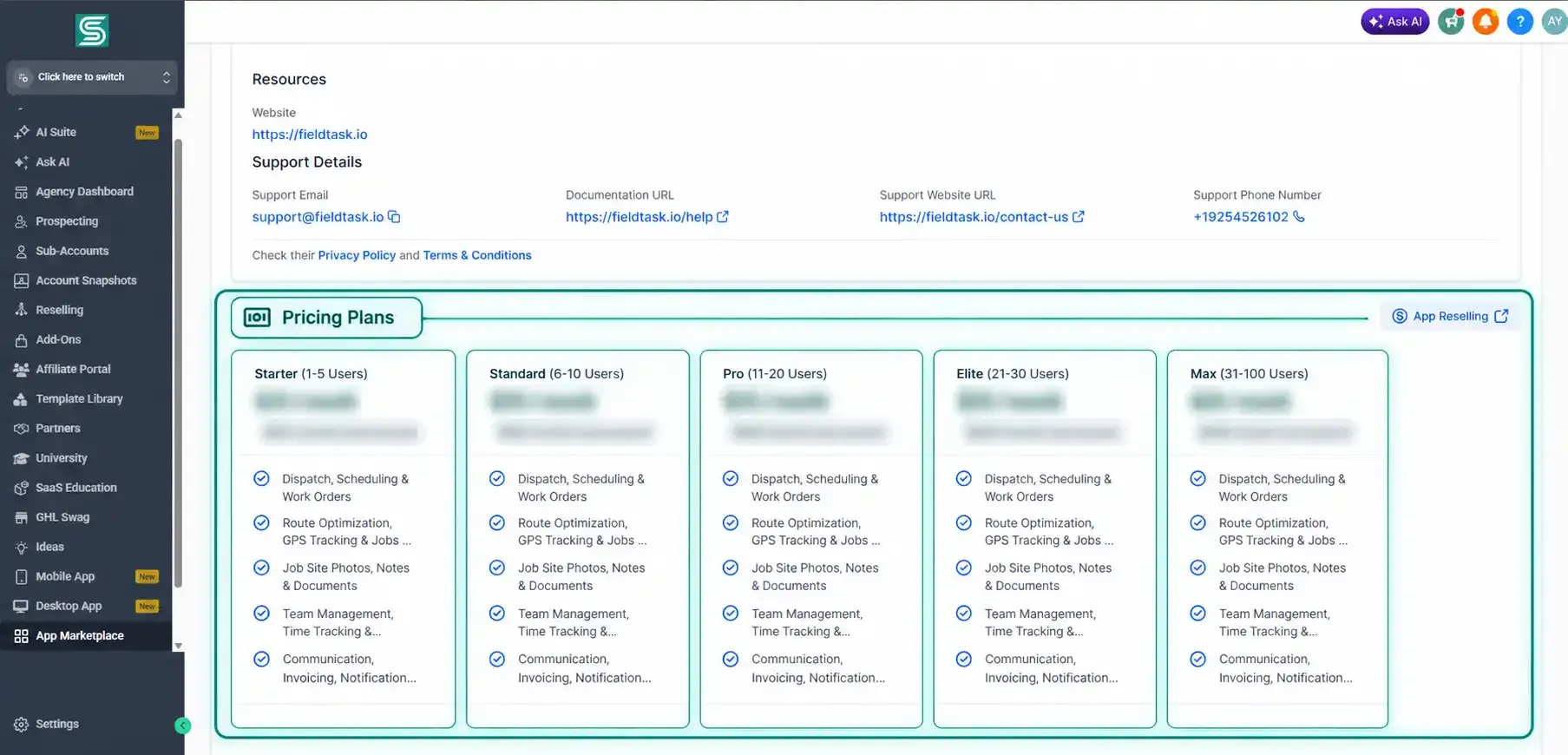 Pricing plans highlighted with all pricing details fully blurred