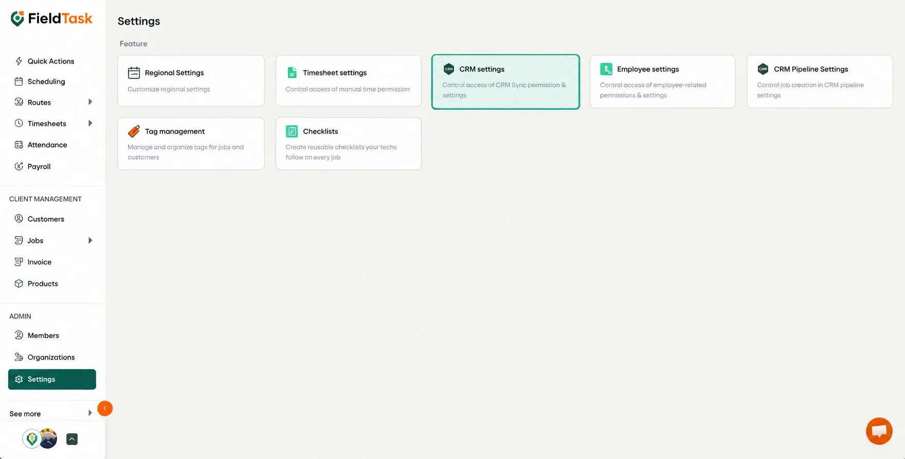 Settings page showing CRM settings sync options