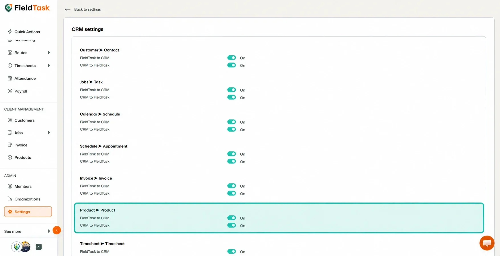 CRM settings highlighting Product sync rows
