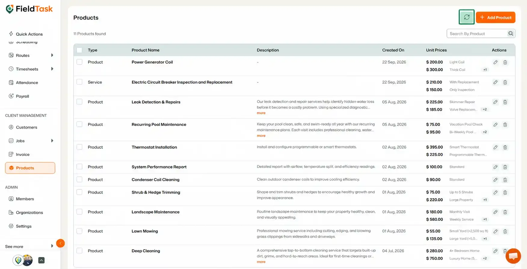 Products list showing refresh sync button highlighted
