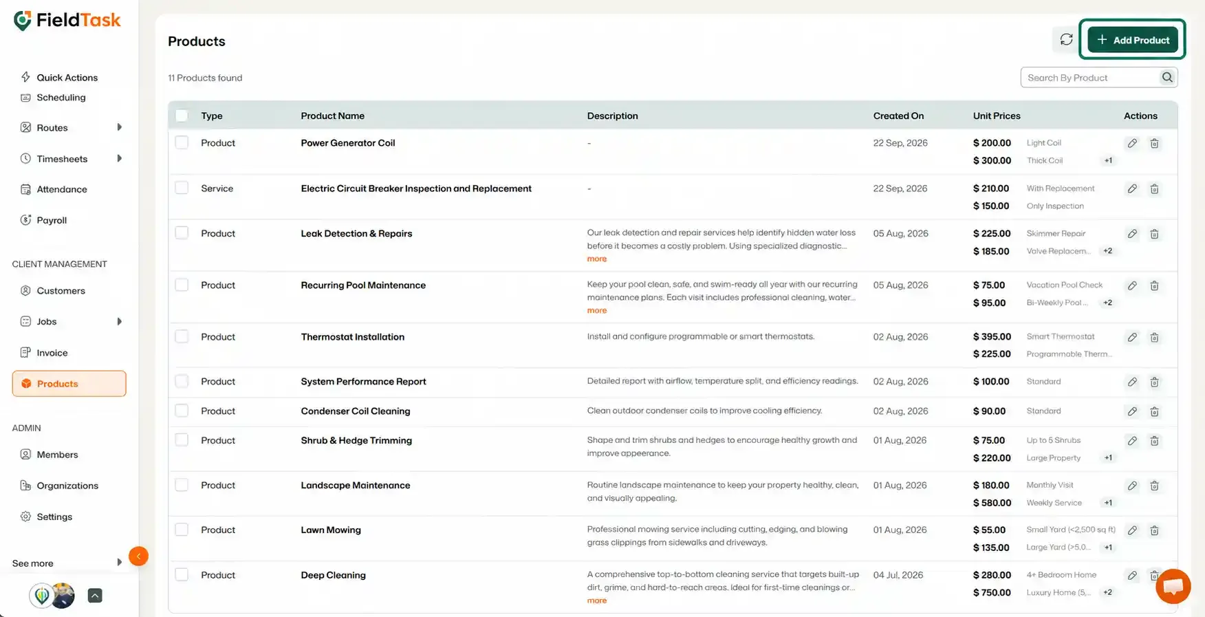 Products page highlighting the Add Product button