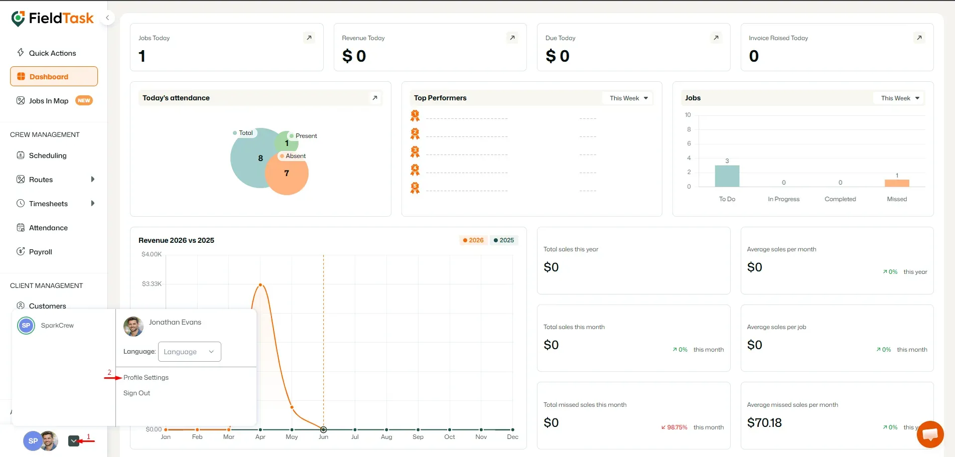 FieldTask dashboard profile menu with Profile Settings