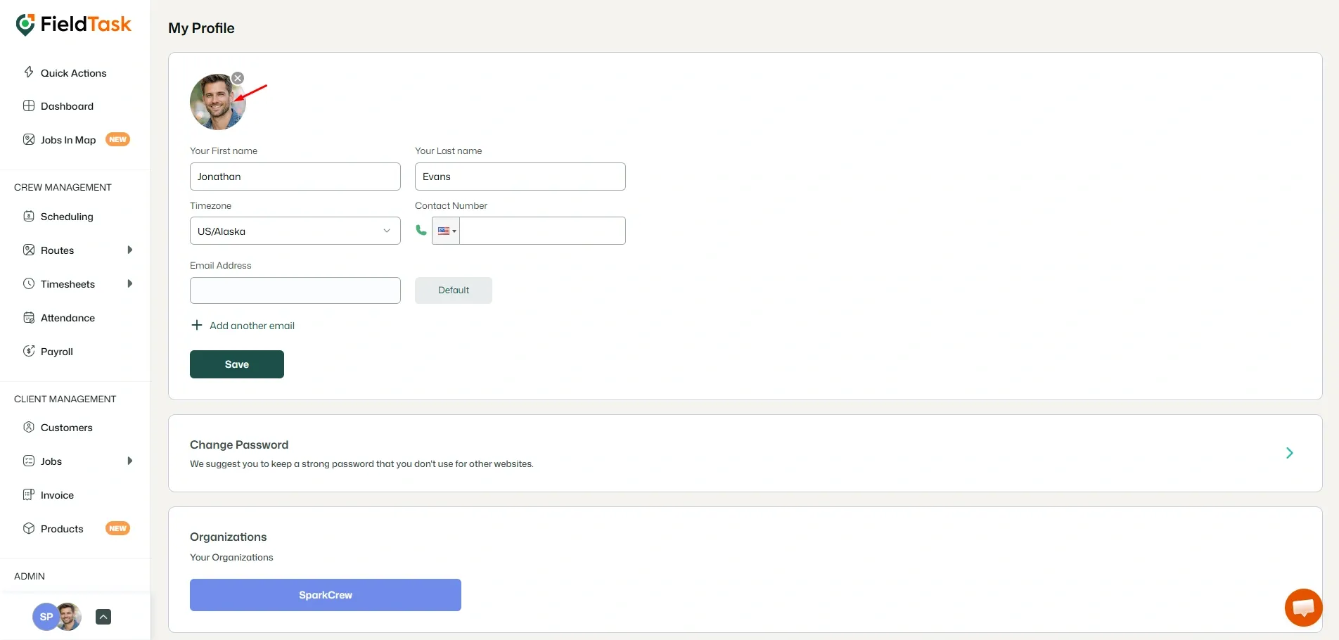 FieldTask profile page with editable photo and details