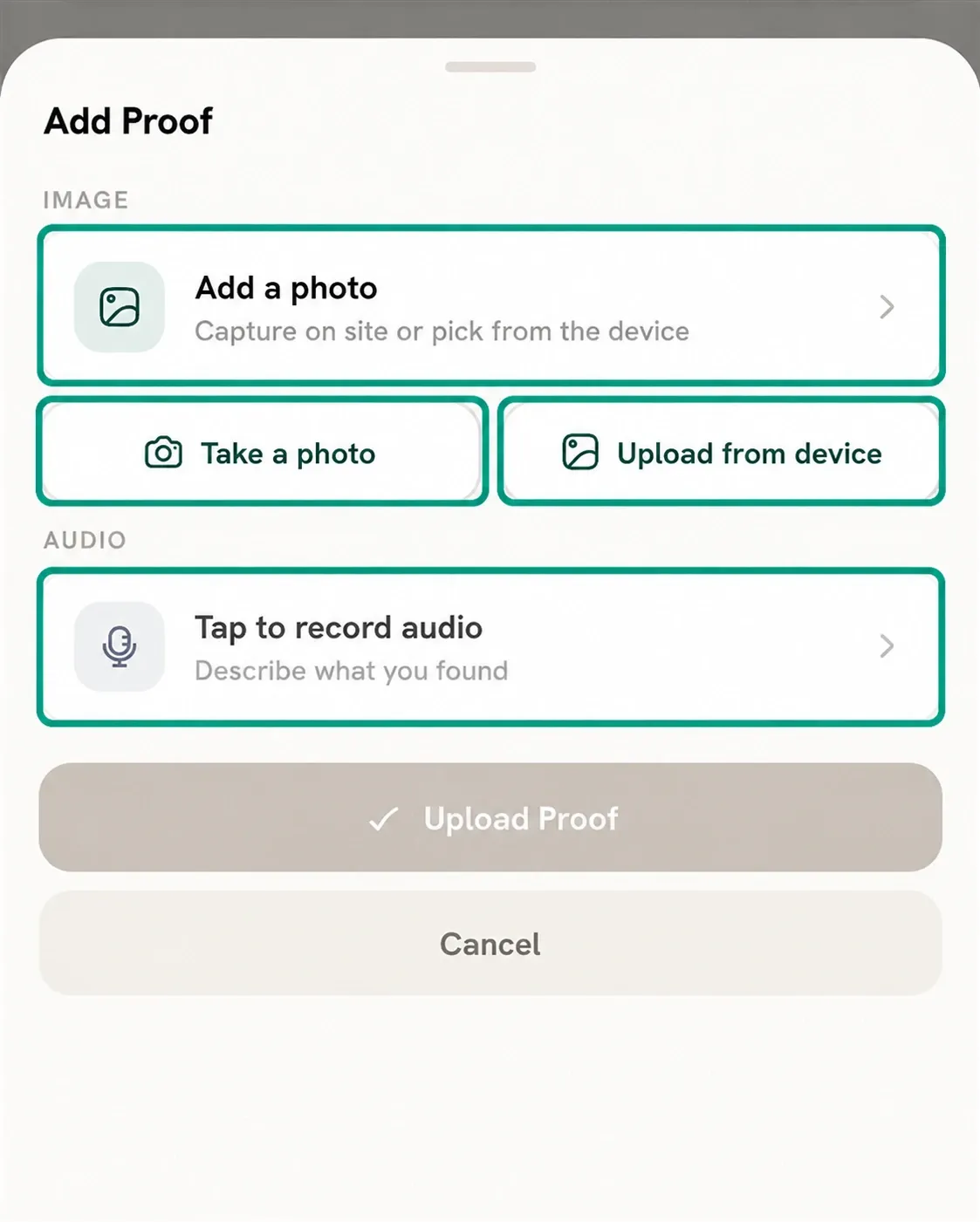 Add Proof screen with photo and audio options highlighted