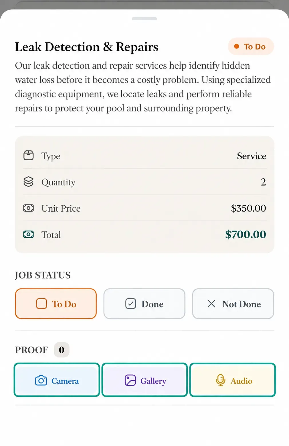 Leak repair job with proof options highlighted and pricing
