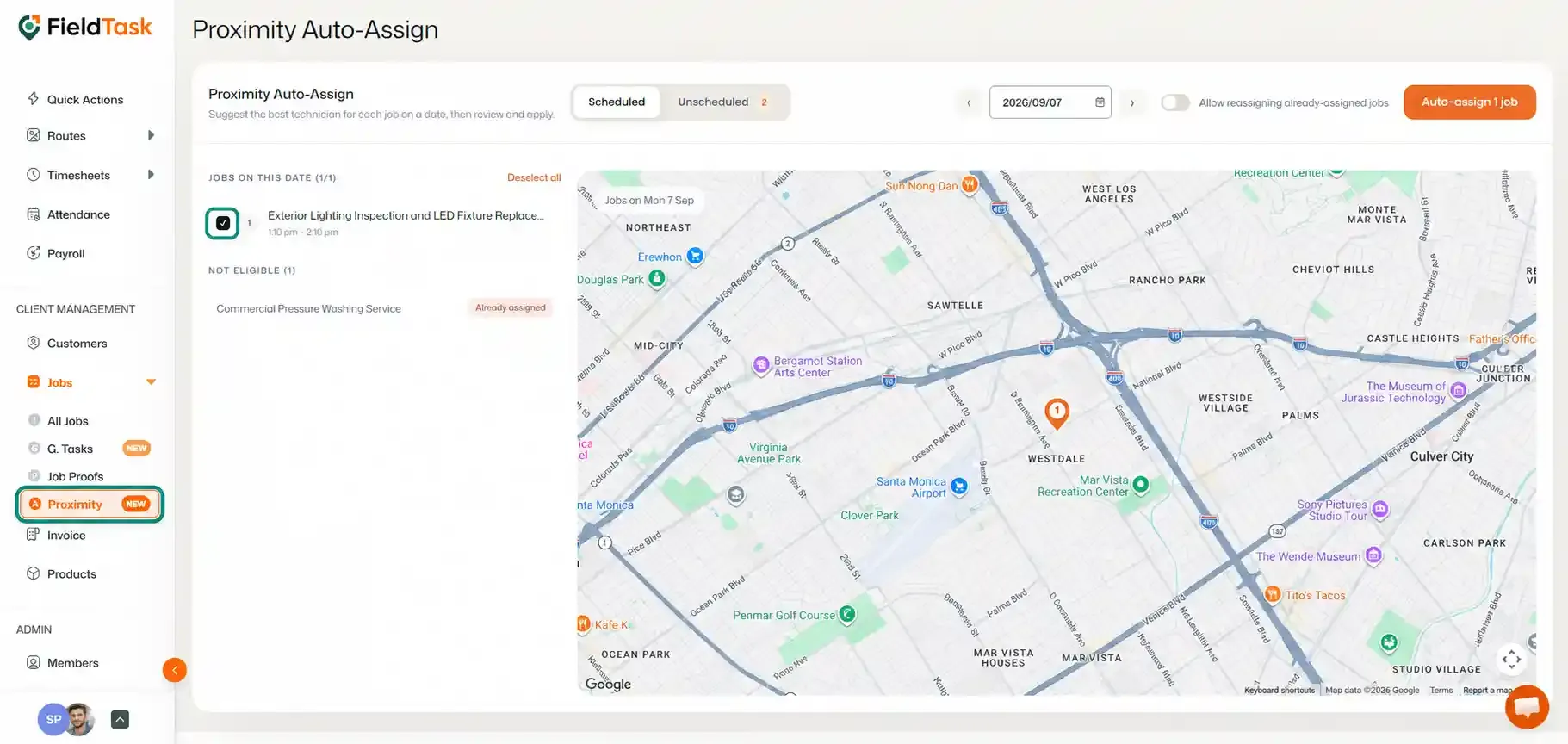 Proximity auto-assign with selected job and map