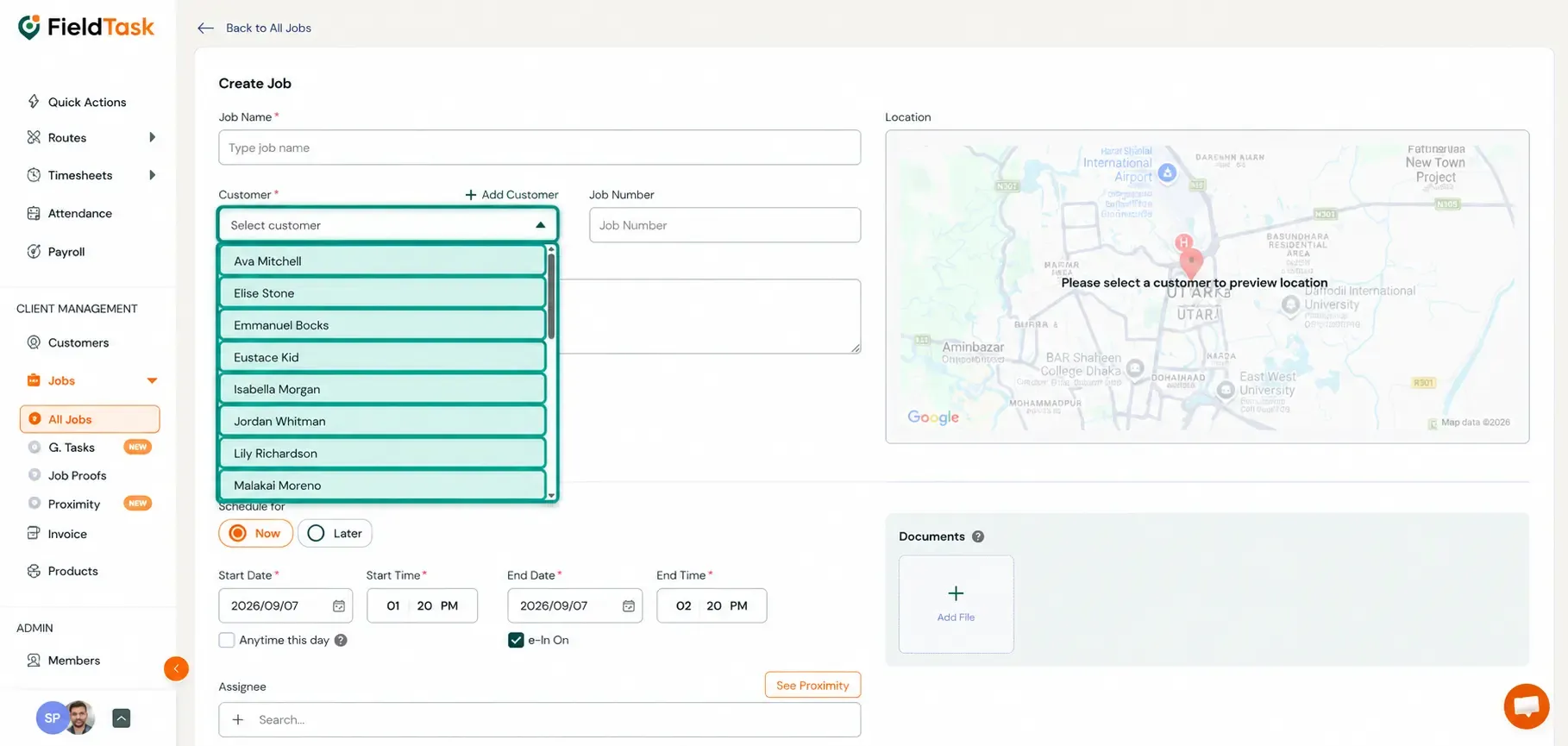 Job form with customer dropdown options highlighted
