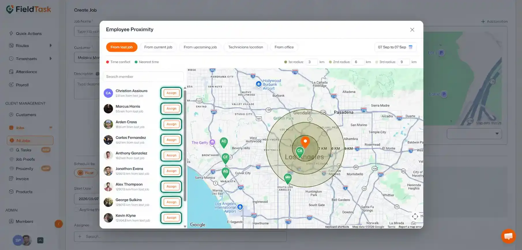 Employee Proximity popup with Assign buttons highlighted