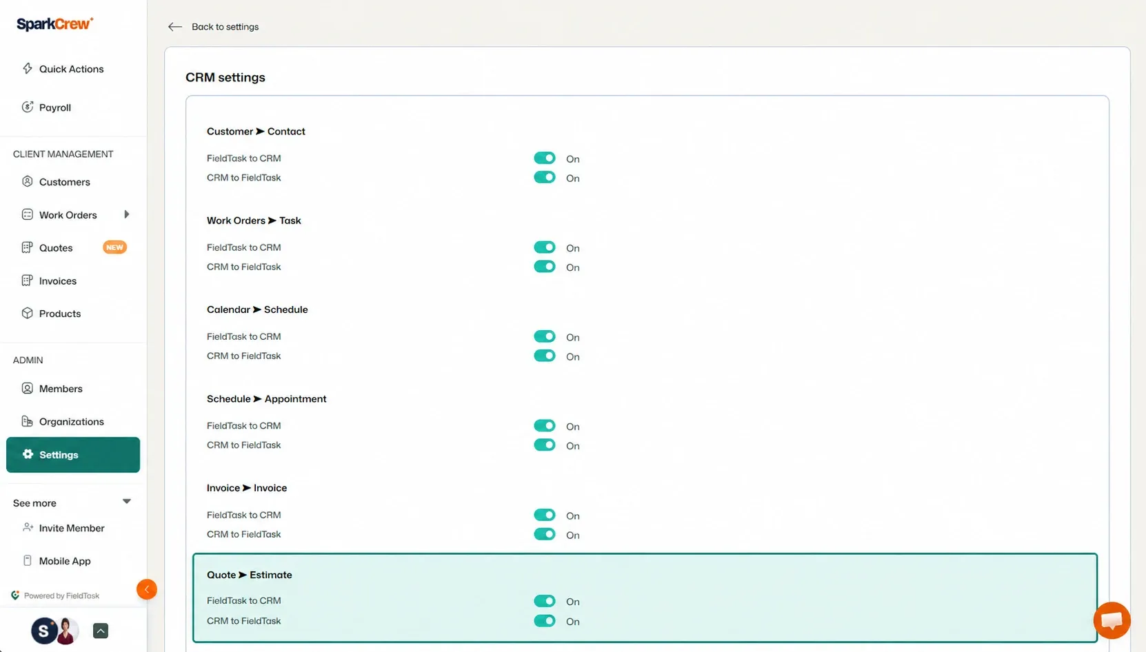 CRM settings page with Quote Estimate sync highlighted in green.