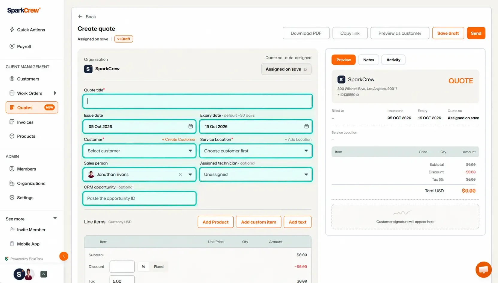 Create quote form with key customer and date fields highlighted.