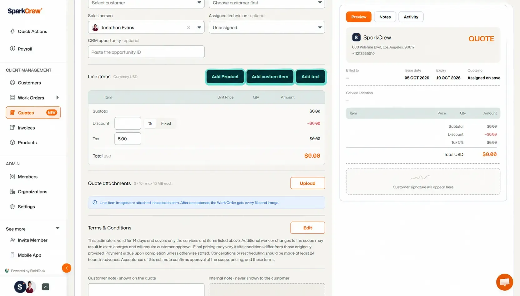 Quote form with Add Product, custom item, and text buttons highlighted.