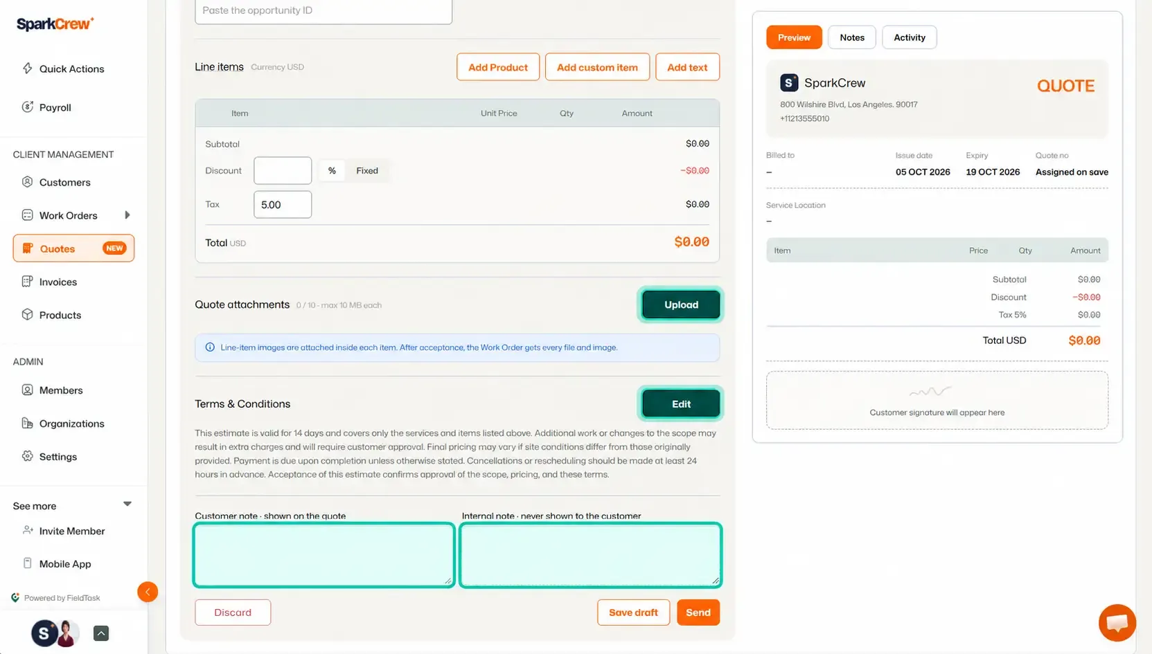 Quote form with Upload, Edit, and note fields highlighted.