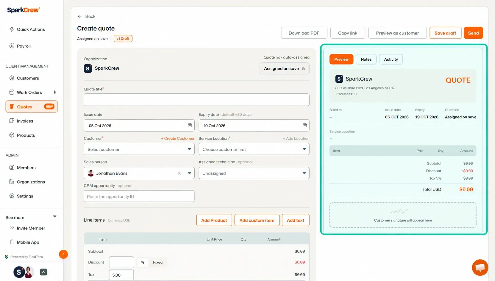 Create quote page with the right-side preview section highlighted.