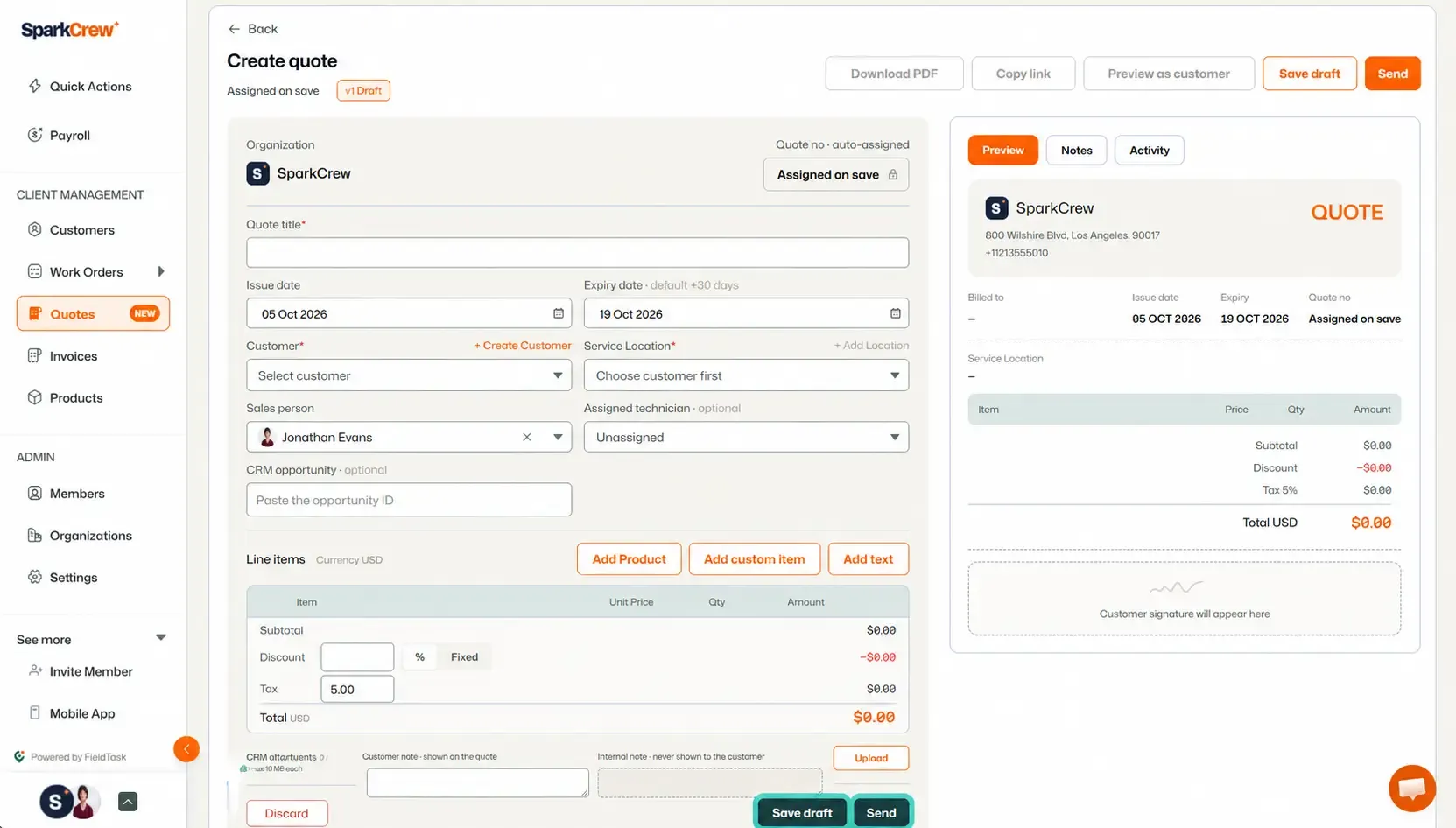 Quote form showing highlighted Save draft and Send buttons.