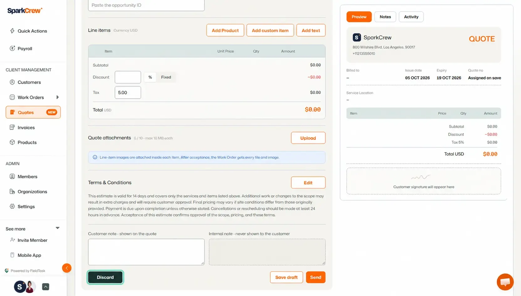 Quote form with the Discard button highlighted at the bottom.