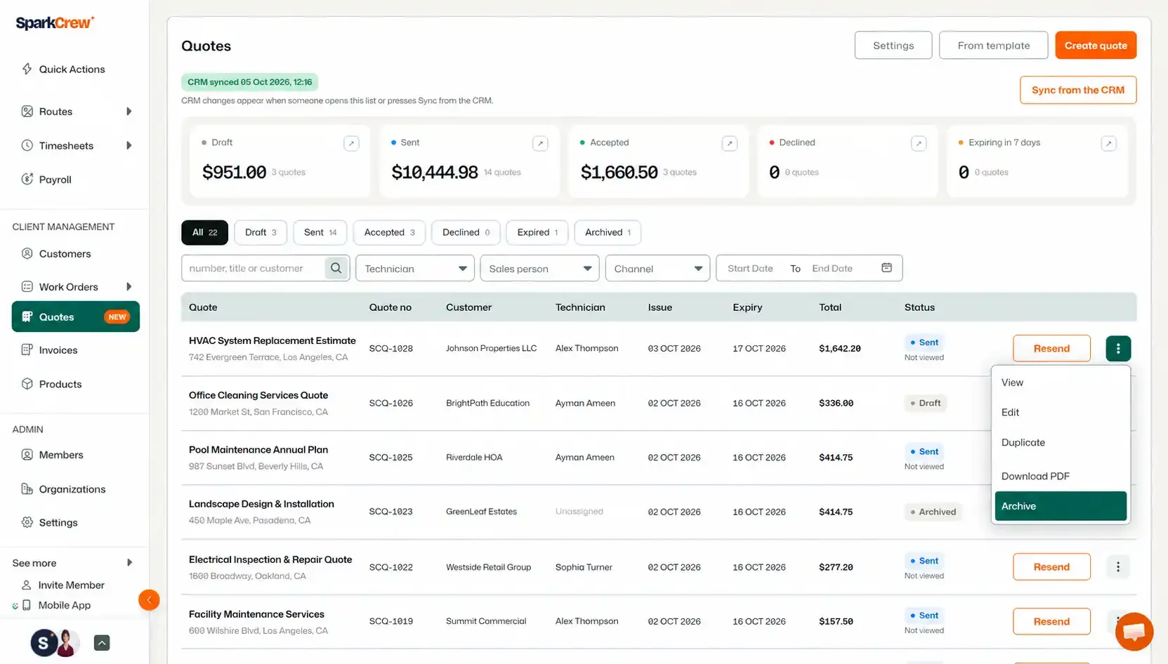 Quotes menu open with Archive option highlighted in teal.