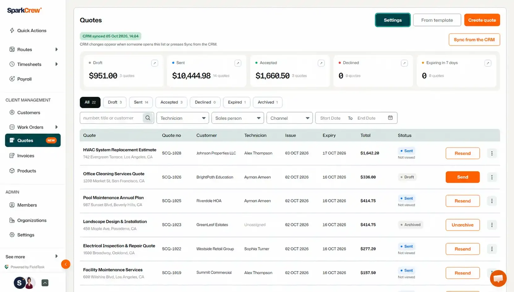 Quotes page with Settings button highlighted in teal.