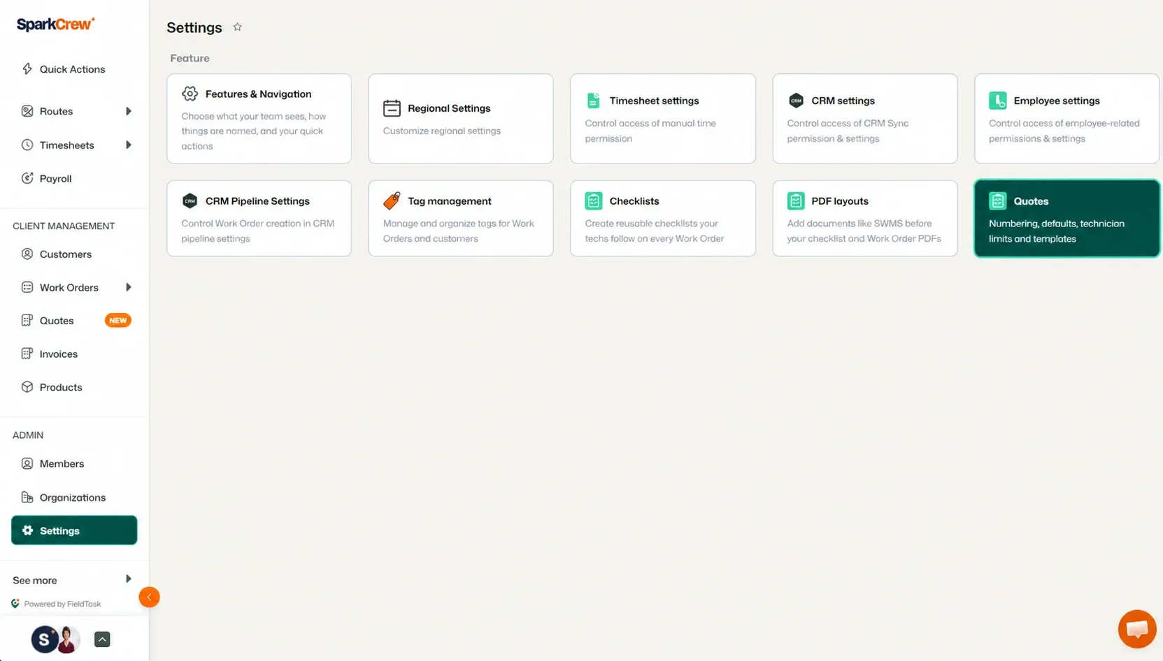 Settings page with Quotes card and Settings sidebar highlighted.