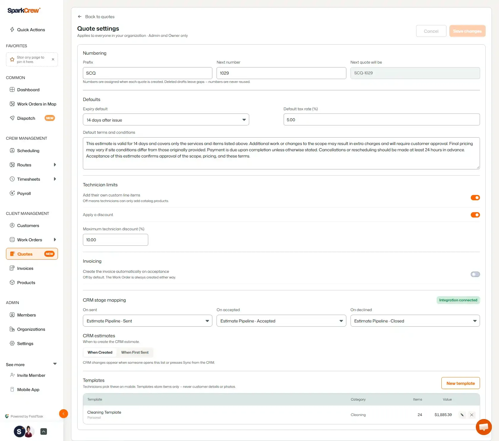 Quote settings page with numbering, defaults, and CRM options.