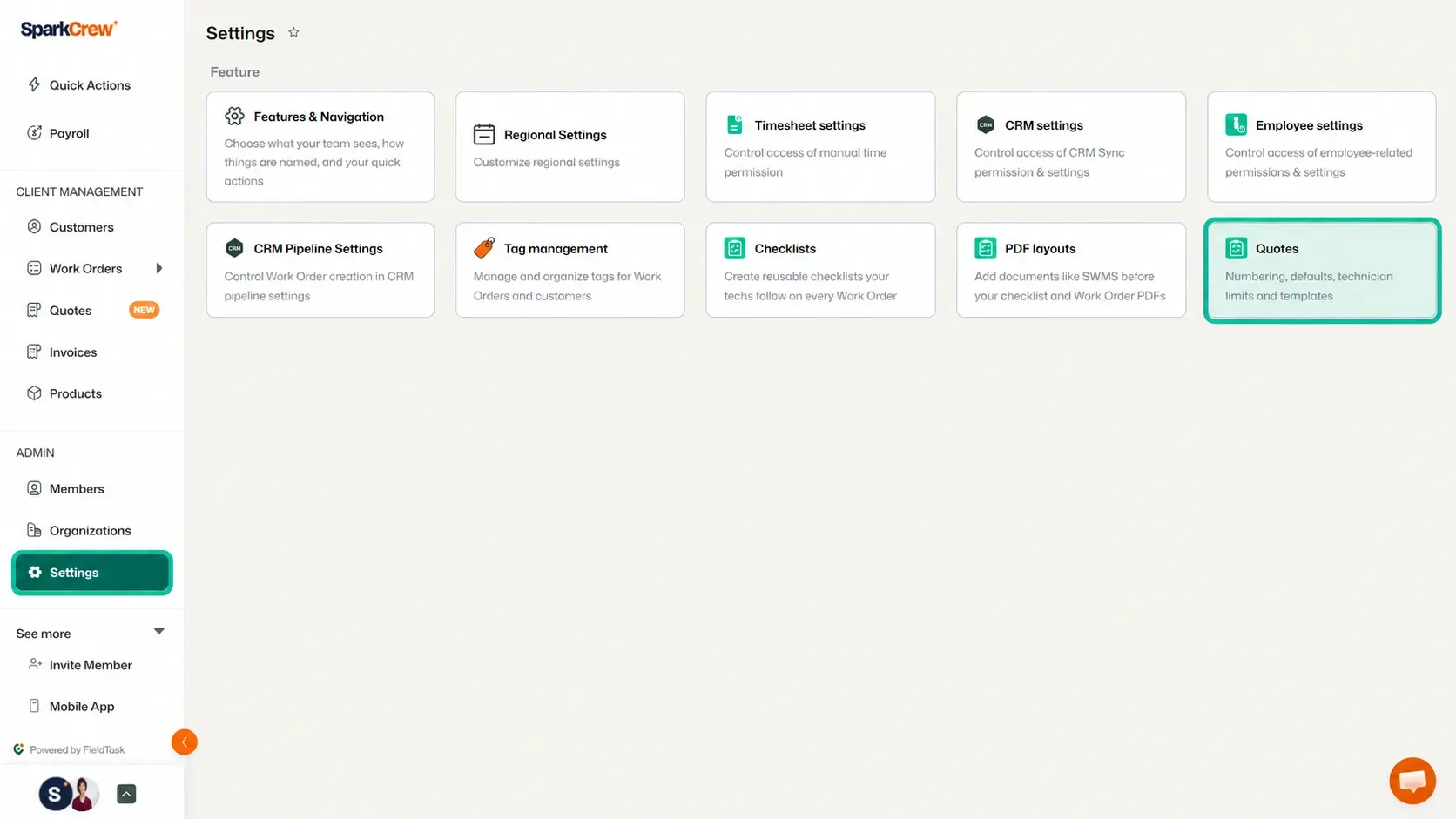 Settings page with Quotes highlighted