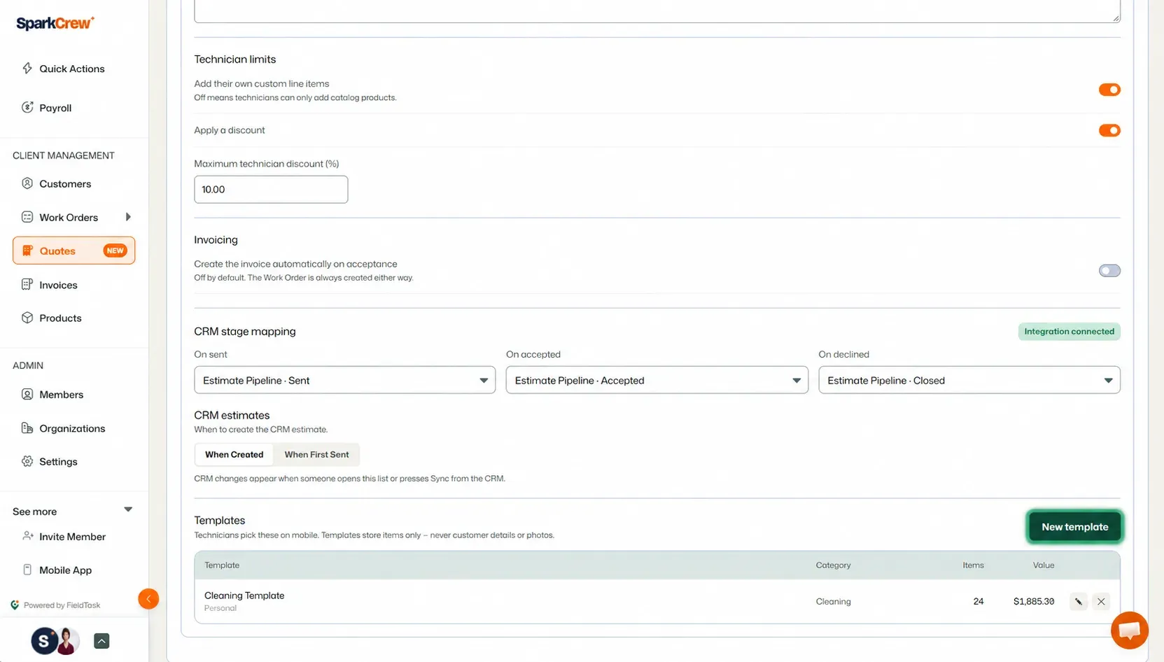 Quote settings page highlighting the New Template button