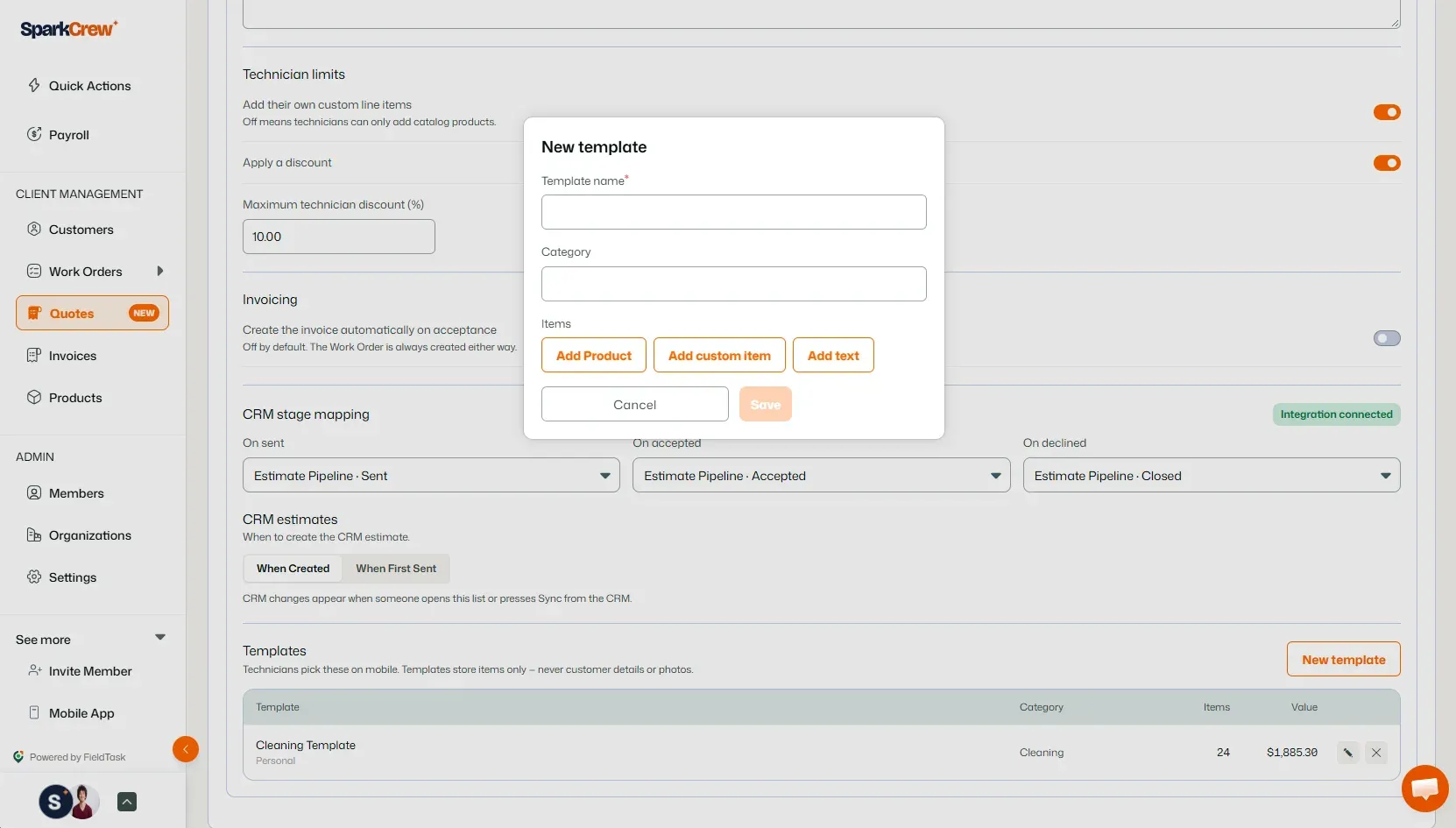 New Template modal with name, category, and item options