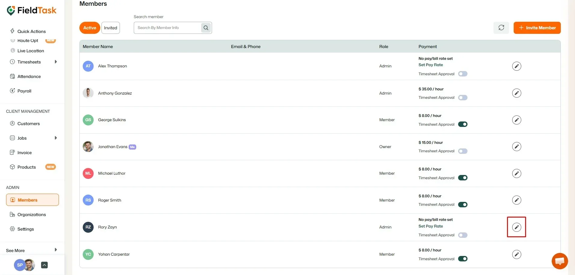 FieldTask members list with pay rate edit button highlighted