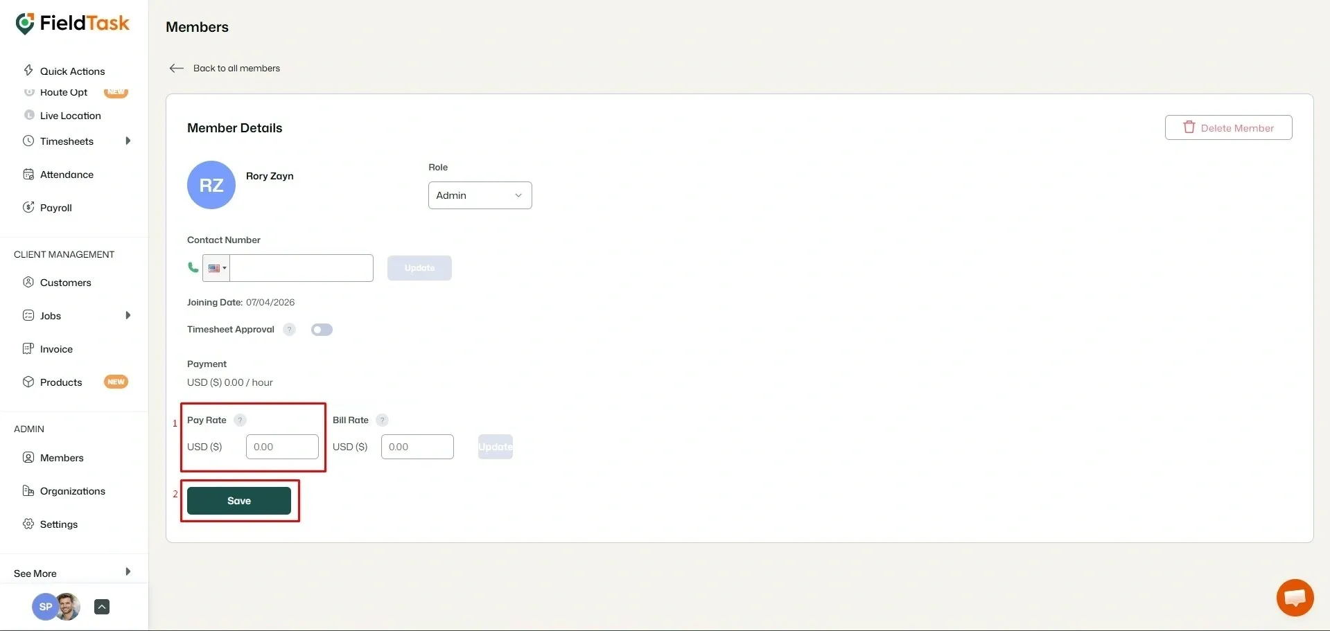 FieldTask member details with pay rate and Save highlighted