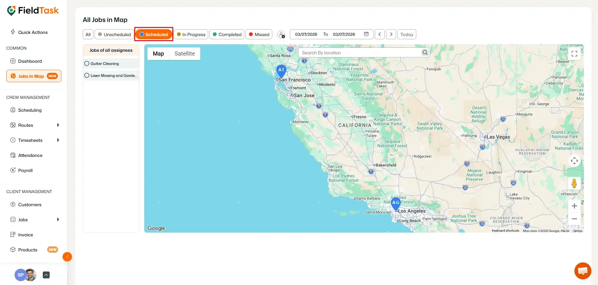 FieldTask scheduled jobs map with route and job filters