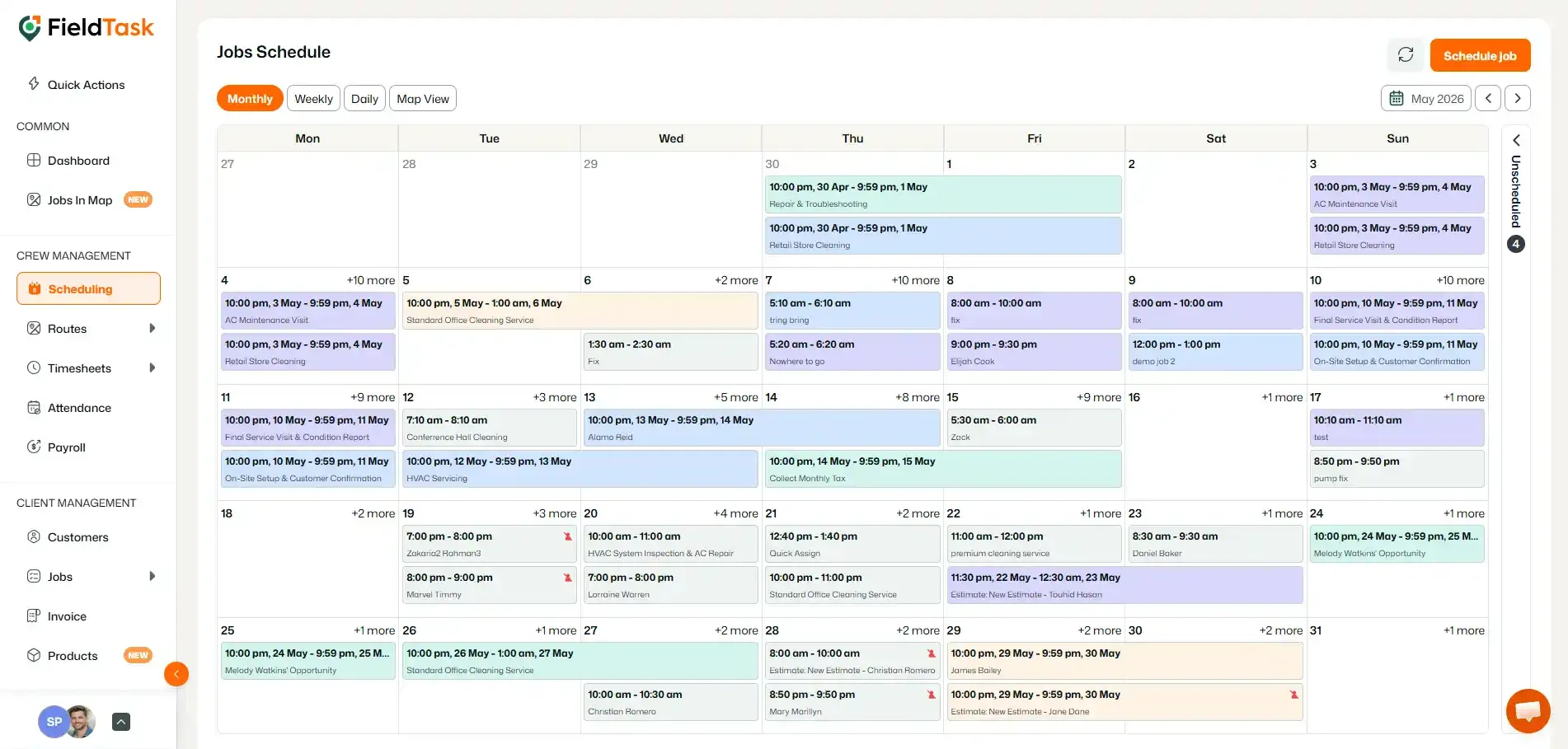 FieldTask monthly job schedule calendar with tasks