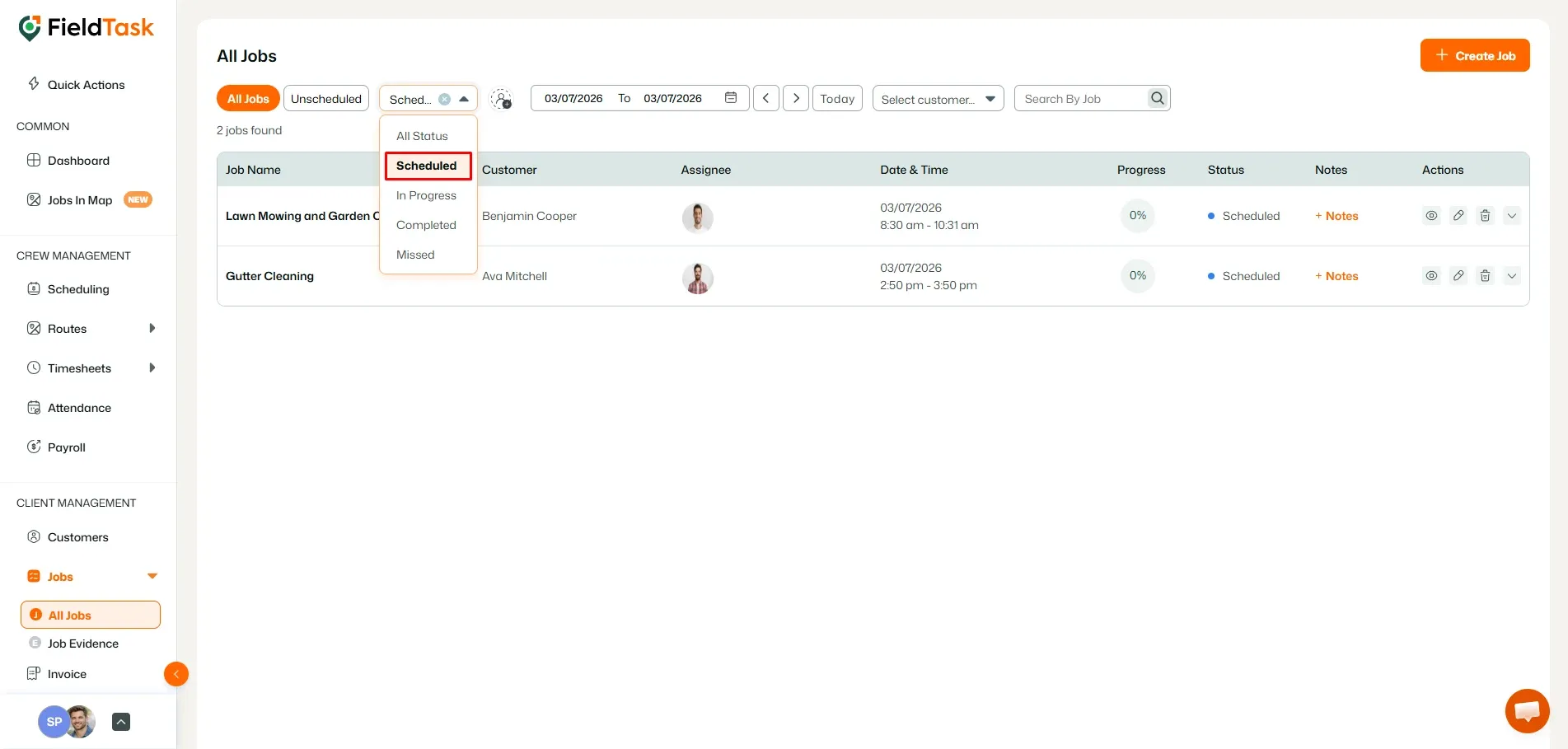 FieldTask all jobs list with scheduled filter dropdown