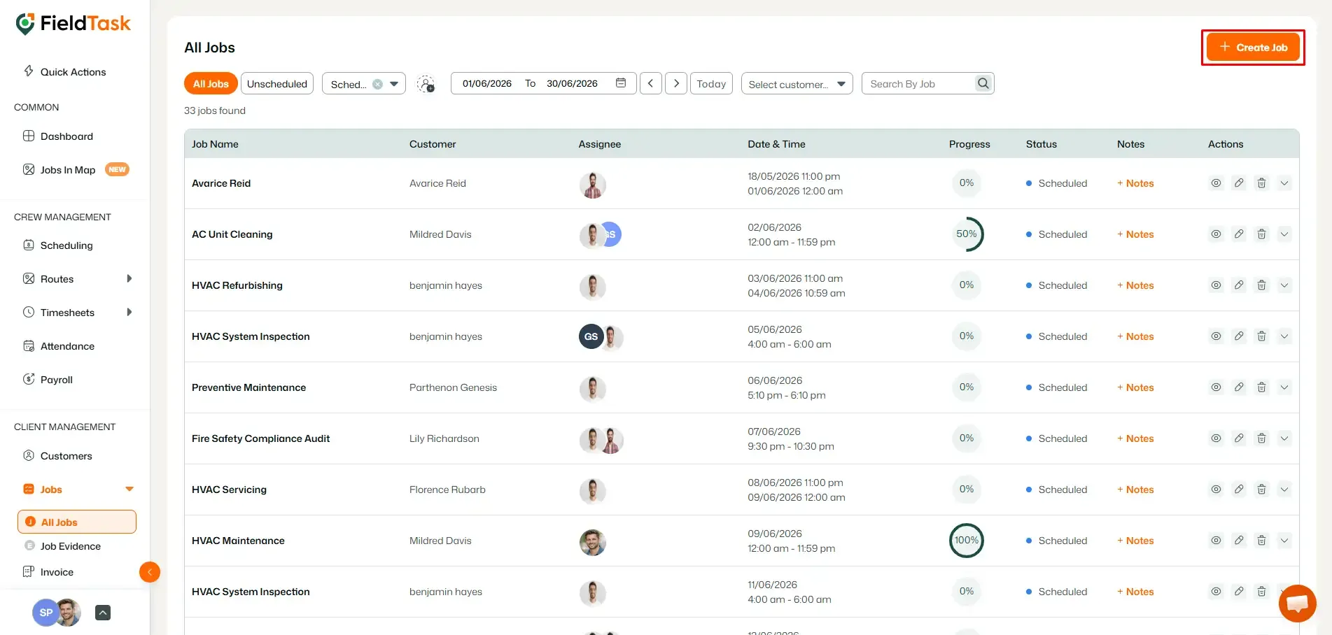FieldTask all jobs list with Create Job highlighted