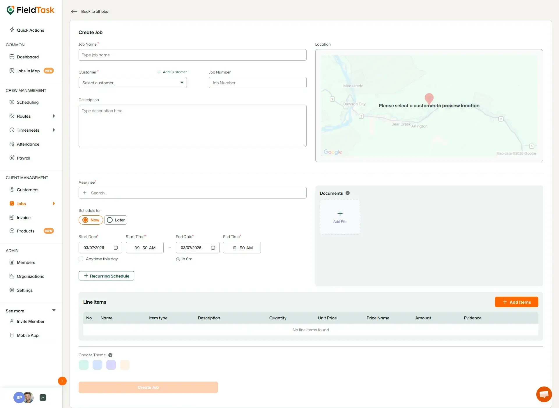 FieldTask create job page with recurring schedule option